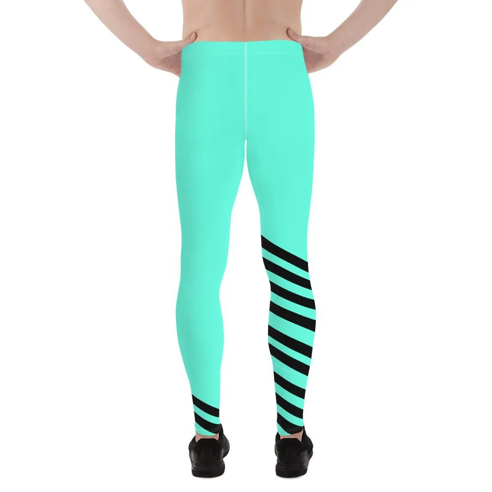 Bright Turquoise Blue Meggings, Black Diagonal Stripe Print Designer Premium Men's Leggings - Made in USA/EU/MX